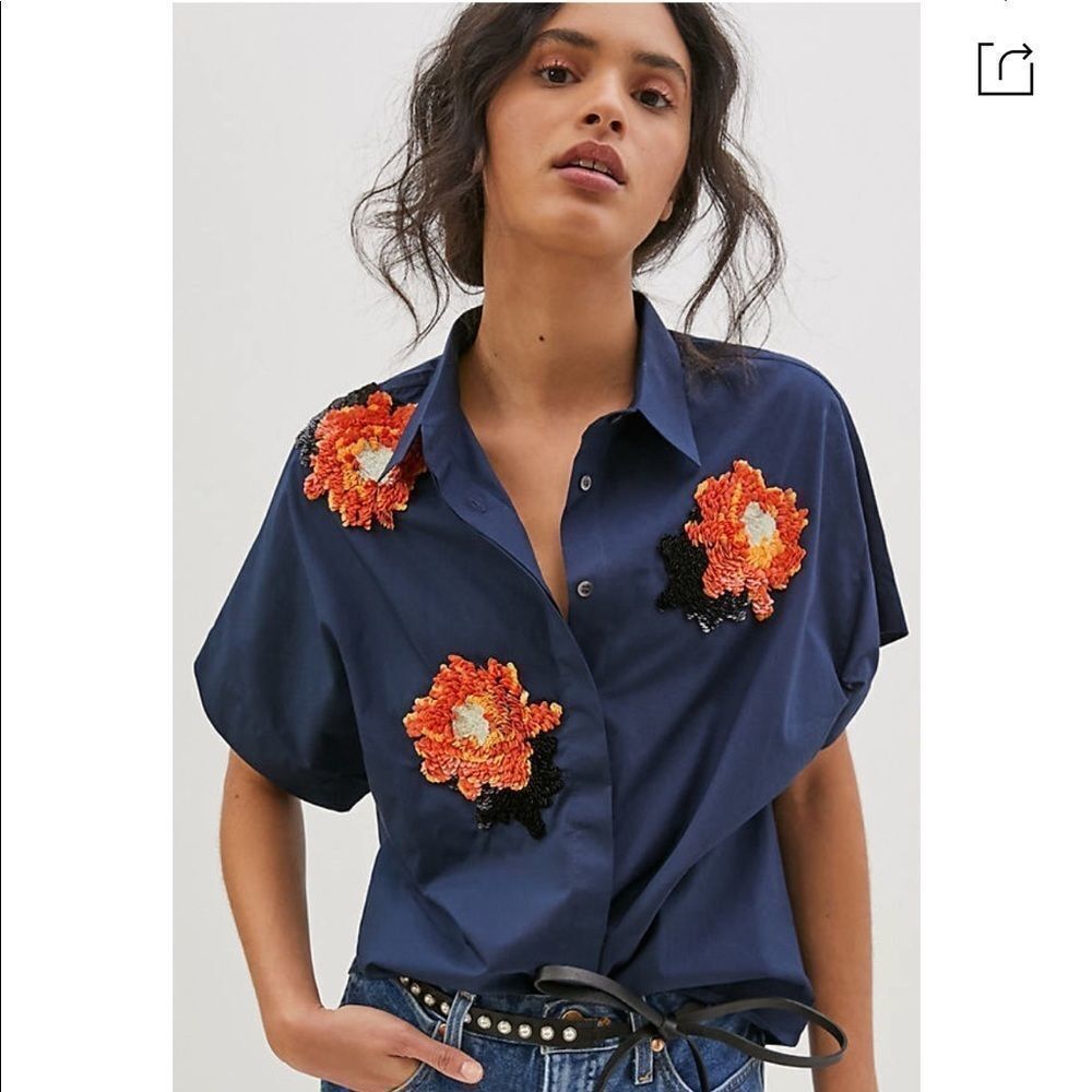 New Anthropologie Dhruv Kapoor Floral Beaded Buttondown Blouse Small B-1140